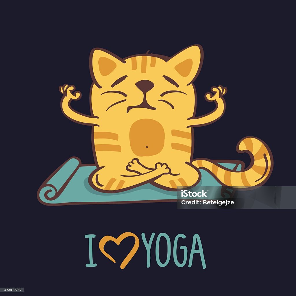 Red cartoon cat on mat in yoga position. Vector illustration Red cartoon cat on blue mat in yoga position. Vector illustration isolated on black background. 2015 stock vector