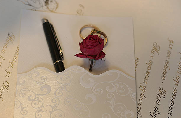 istock Wedding Accessories invitation rings rose and pen 473417664