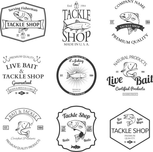 illustrations, cliparts, dessins animés et icônes de tacle et bait shop label emblème tâches protègent des éléments design illustration - lure loc