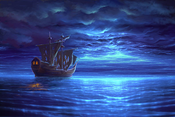 illustrazioni stock, clip art, cartoni animati e icone di tendenza di dopo una notte mare tempesta con barca a vela, pittura - storm sailing ship sea shipwreck