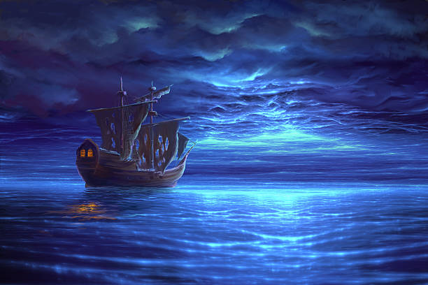 istock Night sea after storm with sailboat, painting 473421132