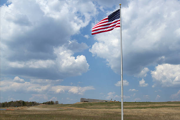 Somerset County, PA, USA - May 8, 2015 : American flag flying above the new visitors center at the Flight 93 National Memorial. 