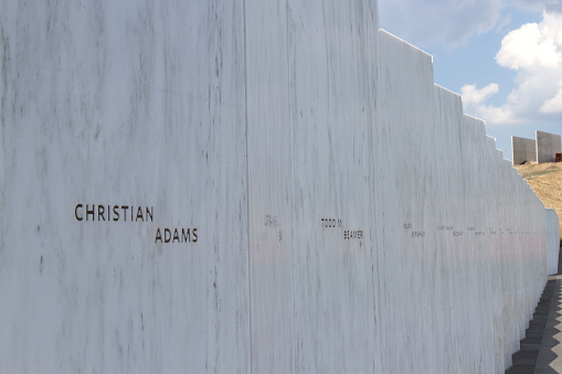 Somerset County, PA, USA - May 8, 2015 : Wall of Names at Flight 93 National Memorial running between visitors center and crash site lists the names of the 40 people who lost their lives while fighting terrorism on 9/11.