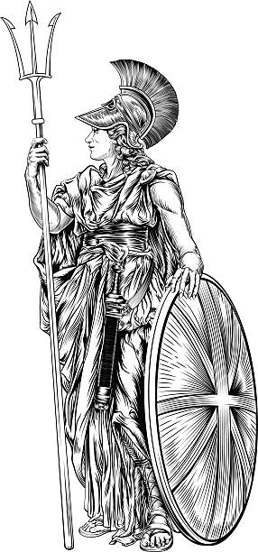 Britannia Illustration An original illustration of Britannia, personification of Britain, holding a Union Jack Shield and trident in a vintage woodcut style trident britannia spear british culture stock illustrations