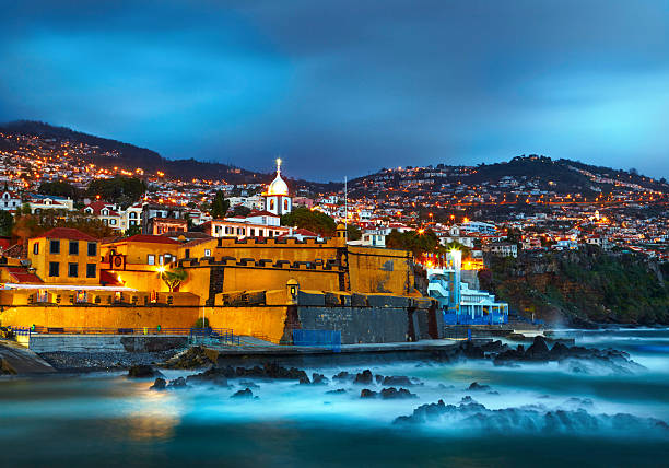 Night cityscape of Funchal, Madeira, Portugal stock photo