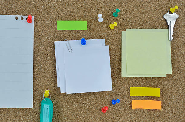istock Sticky notes, pin, key and tag name on cork board 473426062