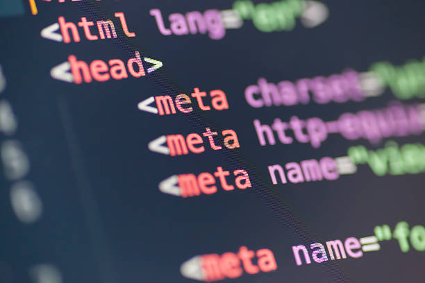 A close-up of HTML coding in bright colors Code syntax on a computer screen debugging stock pictures, royalty-free photos & images