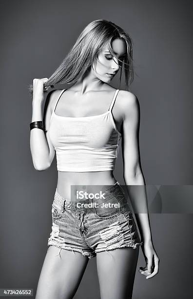 Fashion Shot Beautiful Girl In Denim Shorts And Shirt Stock Photo - Download Image Now