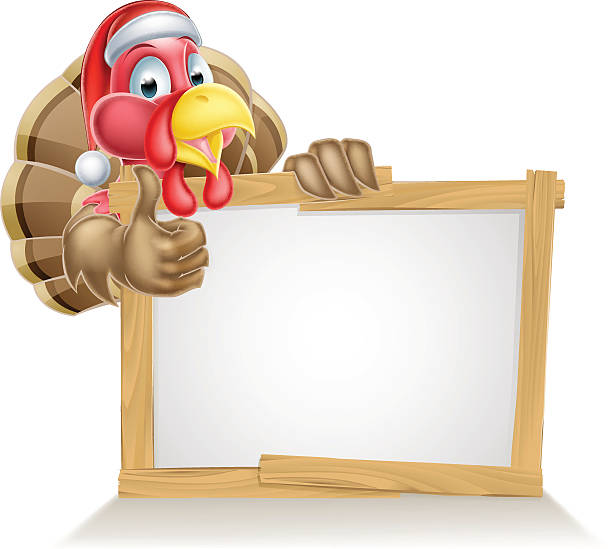 Santa hat turkey sign A cartoon Christmas turkey in a Santa hat giving a thumbs up above a sign thanksgiving live wallpaper stock illustrations