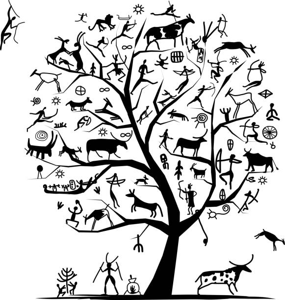 ilustraciones, imágenes clip art, dibujos animados e iconos de stock de rock pinturas tree sketches para su diseño, - caveman ancient cave painting prehistoric era