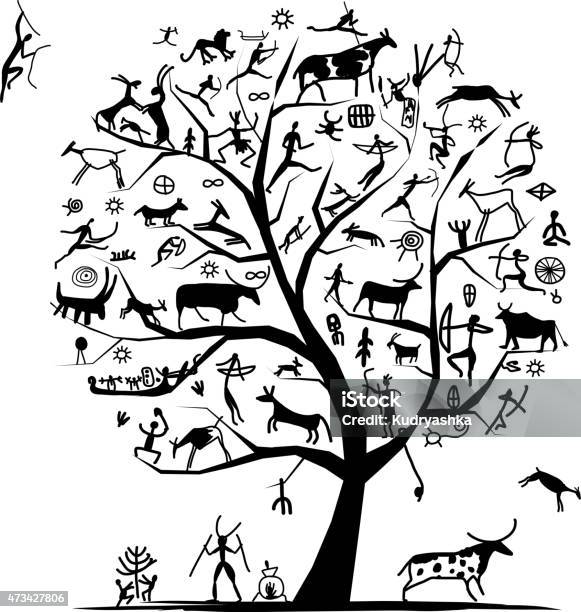 Rock Paintings Tree Sketch For Your Design Stock Illustration - Download Image Now - Africa, African Ethnicity, Indigenous Art