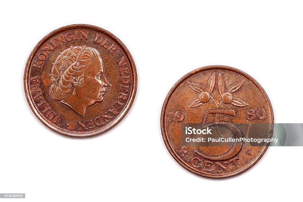 Five cents coin Netherlands 1980 A five cents coin from the Netherlands minted in 1980 and featuring Queen Juliana. 2015 Stock Photo