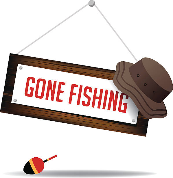 gone рыбалка знак в шляпе и плавайте - fishing absence sign wood stock illustrations