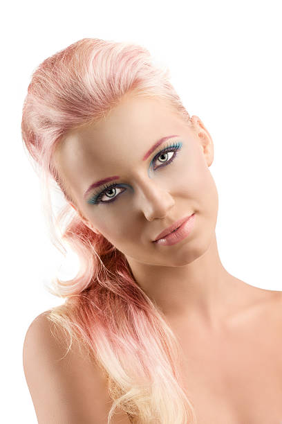 istock blonde girl with coloured make-up and folded head 473434450