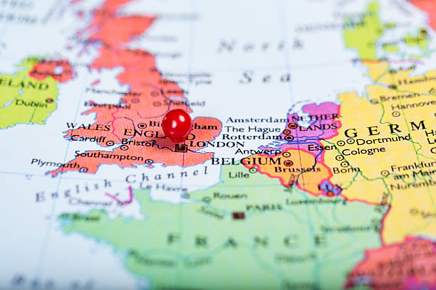 istock Red push pin on map of Great Britain 473434712