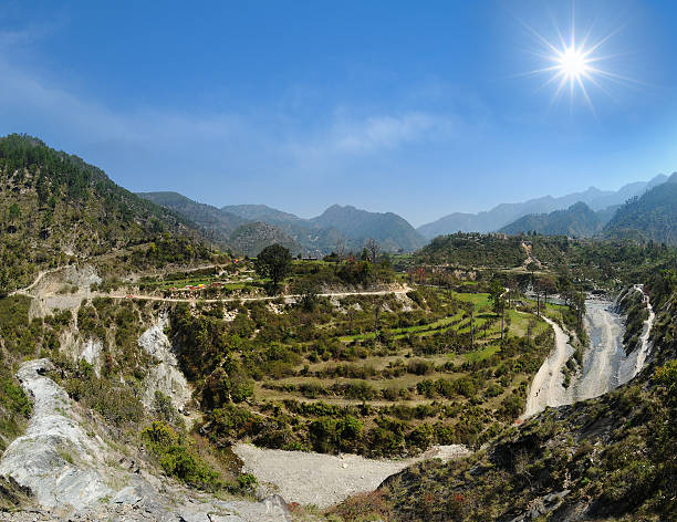 Terrace fields in the Himalayas, Gauchar village stock photo