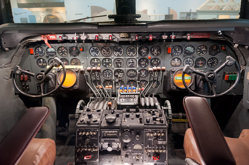 Inside pilot cabin: Cockpit, Control Panel, Dashboard, old, obsolete, no people