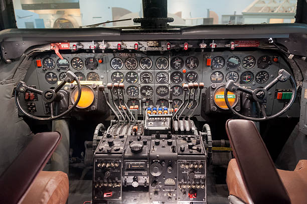 Old passenger airplane cockpit Inside pilot cabin: Cockpit, Control Panel, Dashboard, old, obsolete, no people flight instruments stock pictures, royalty-free photos & images