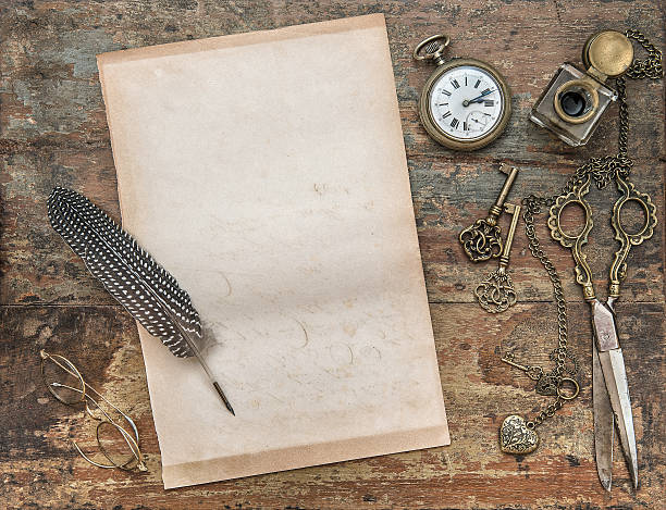 istock Letter paper with vintage writing tools. Feather pen and inkwell 473440174