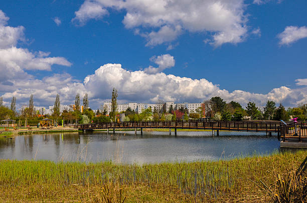Vienna, Austria - March 18, 2015: A bridge in Hirschstetten Botanical Gardens of Vienna. In the background you can see playing ground and buildings.