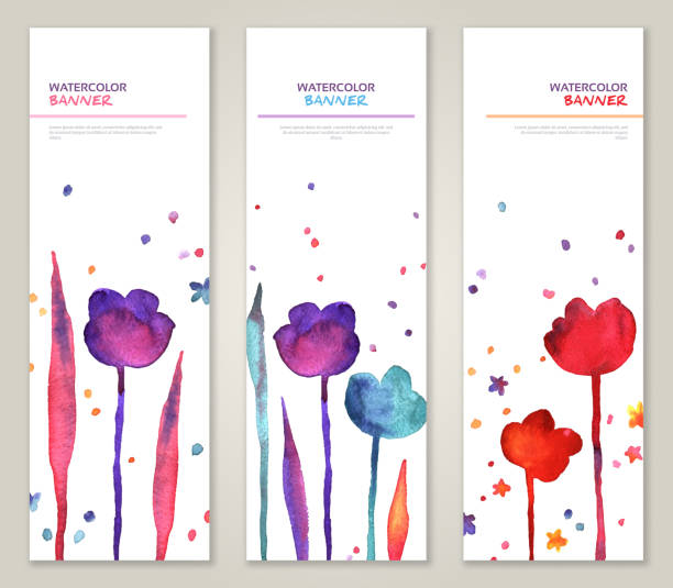 빈티지 수직분사 배너 세트 워터컬러 튤립 및 잎. - greeting card flower mothers day tulip stock illustrations