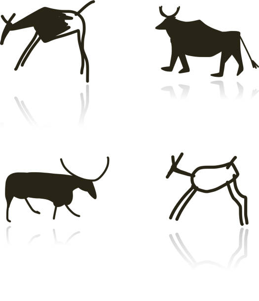 ilustraciones, imágenes clip art, dibujos animados e iconos de stock de rock pinturas, étnicas animales boceto para su diseño - caveman ancient cave painting prehistoric era