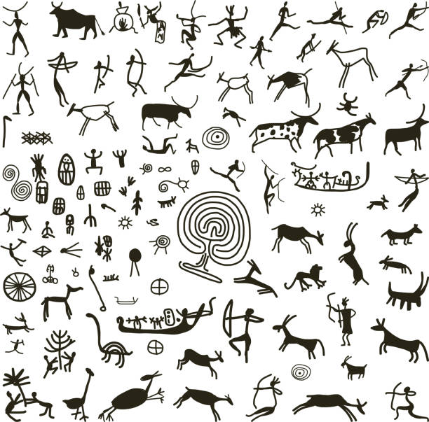 바위 그림, 스케치 귀하의 디자인 - cave painting aborigine ancient caveman stock illustrations