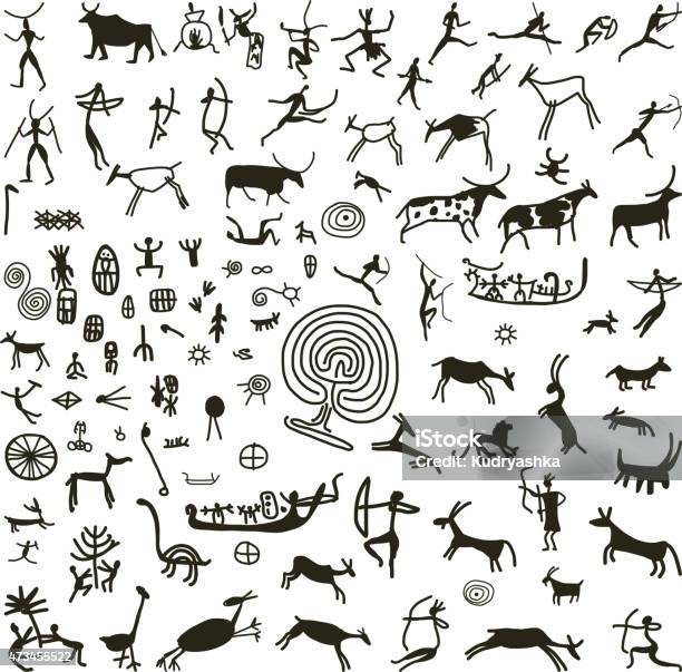 Rock Paintings Sketch For Your Design Stock Illustration - Download Image Now - Cave Painting, Archaeology, Cave