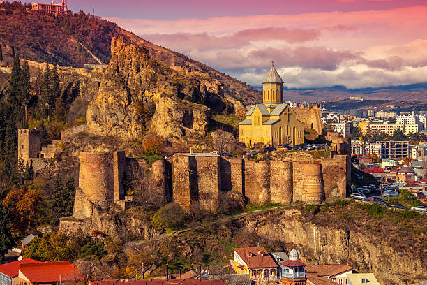 View of Tbilisi at sunset, Georgia country Beautiful panoramic view of Tbilisi at sunset, Georgia country caucasus stock pictures, royalty-free photos & images