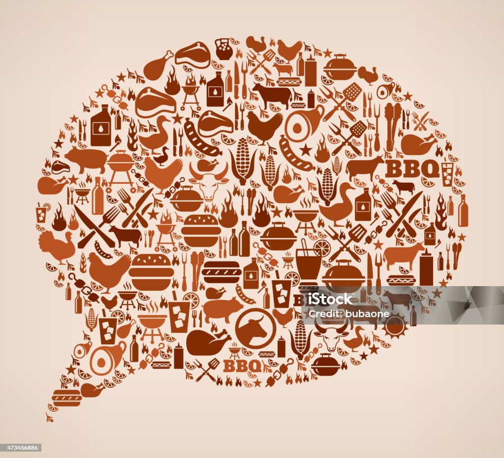 Speech Bubble summer barbecue invitation vector background Speech Bubble summer barbecue invitation vector background. This royalty free vector illustration features a seamless pattern of barbecue icons. The icons range in size and include bbq favorites grill, steak, burger, eating and cooking utensils and refreshing summer drinks. The pattern in brown tones on beige background. 2015 stock vector