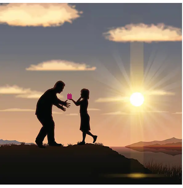 Vector illustration of Father's Day background[Father and child in the sunset]