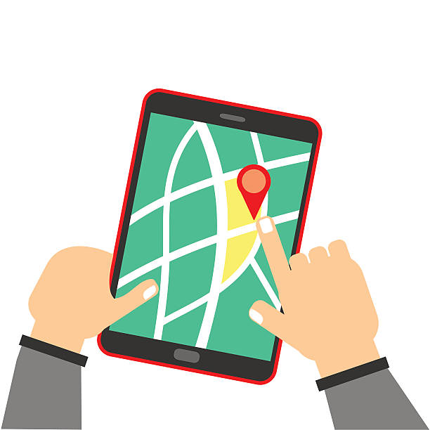 hand holding tablet computer with map vector art illustration