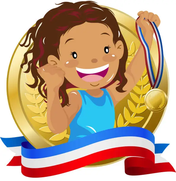 Vector illustration of Teenage girl holding up a golden medal with banner