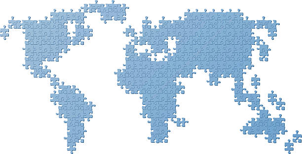 ilustraciones, imágenes clip art, dibujos animados e iconos de stock de mapa de mundo azul hecho del juego de piezas - asia jigsaw puzzle map cartography