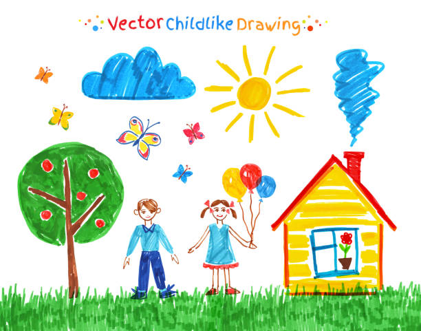 ребенок вектор набор чертежей. - paintings child house childhood stock illustrations