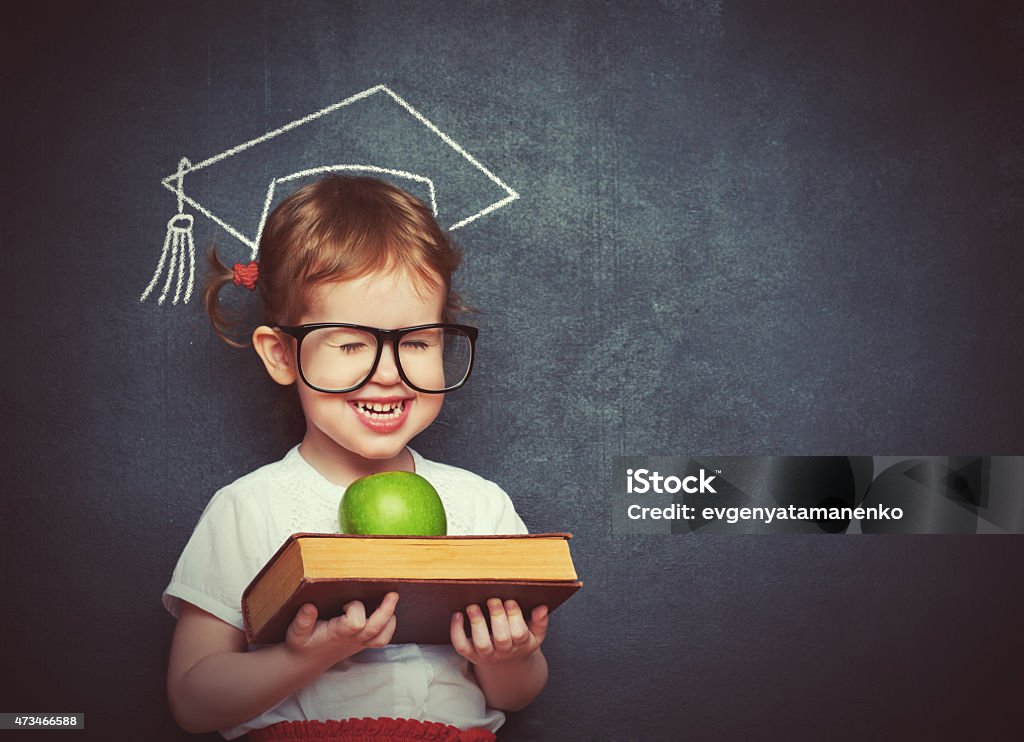 girl schoolgirl with books and apple in a school board pretty little girl schoolgirl with books and apple in a school board Education Stock Photo