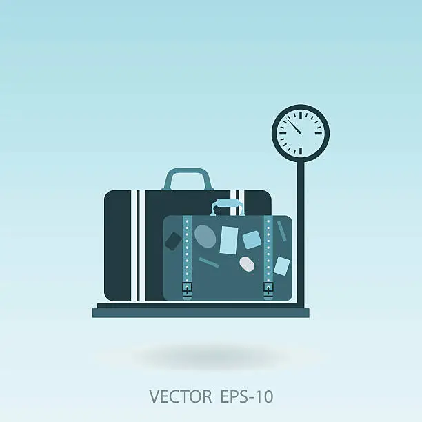 Vector illustration of luggage with tag sitting on weigh scales - illustration