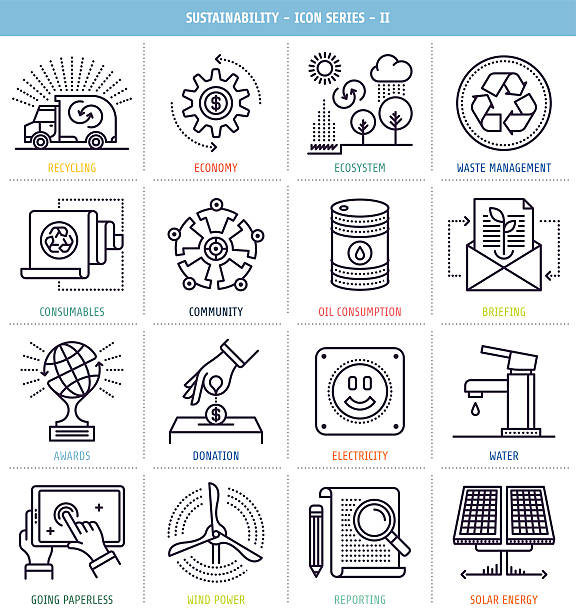 ilustraciones, imágenes clip art, dibujos animados e iconos de stock de conjunto de iconos de gestión de informes de sostenibilidad - air emissions