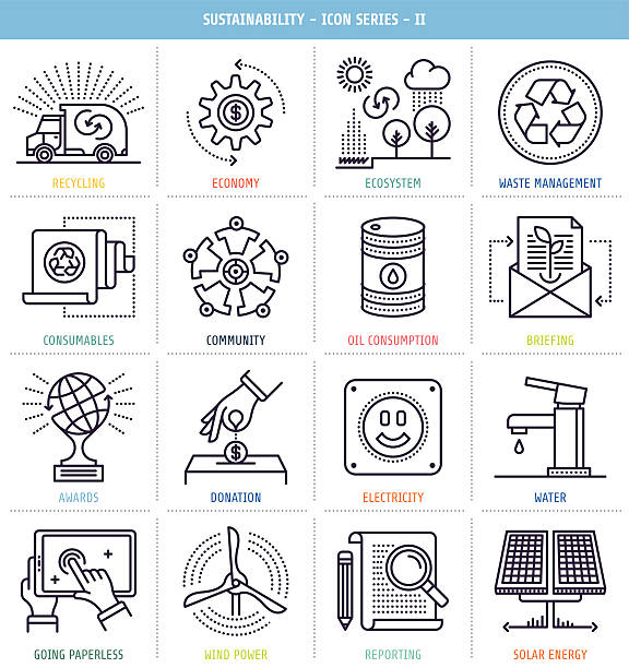 illustrazioni stock, clip art, cartoni animati e icone di tendenza di set di icone di generazione di report sulla sostenibilità - industrial windmill nature recycling computer icon