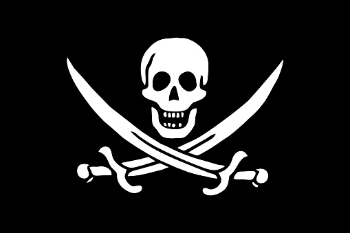 3d render illustration of pirate flag with skull and bones.