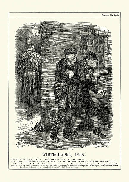 Jack the Ripper - Whitechapel, 1888 Political satire cartoon of attacking the lack of police potrolling the streets of Whitechapel, London at the time of the Jack the Ripper murders. Punch, 1888 punch puppet stock illustrations