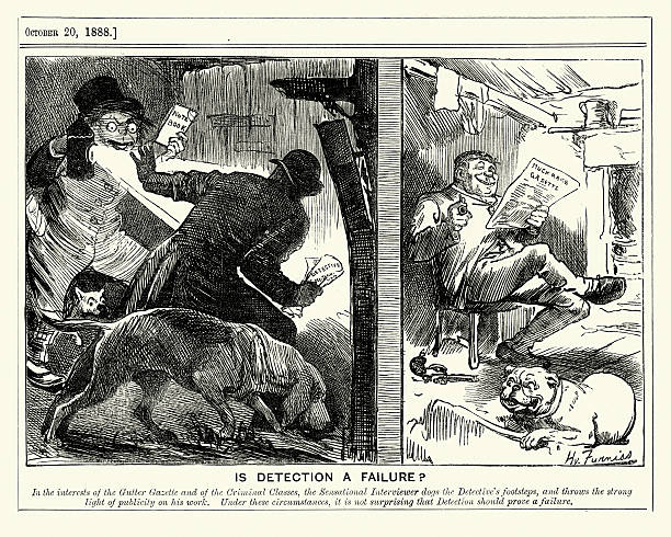ilustraciones, imágenes clip art, dibujos animados e iconos de stock de jack el ripper es un fracaso, 1888 detección - diario cronica policial