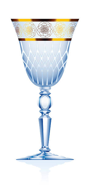Goblet Blue Crystal Glass Crystal glass or goblet with golden rose ornament. Isolated vector illustration on white background. crystal chalice stock illustrations