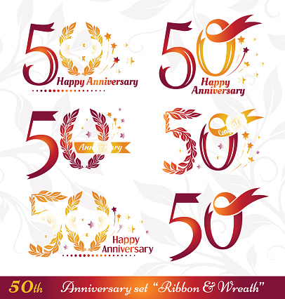 50th anniversary emblems set. Celebration icons with numbers ribbons, wreath and fireworks