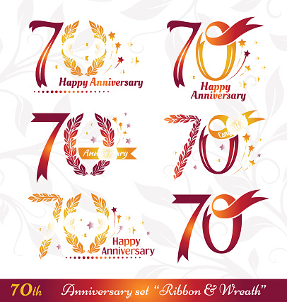 70th anniversary emblems set. Celebration icons with numbers ribbons, wreath and fireworks