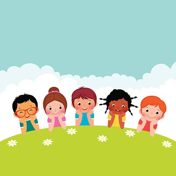 illustrations, cliparts, dessins animés et icônes de enfants, garçons et filles, allongé sur la pelouse - nature play illustrations