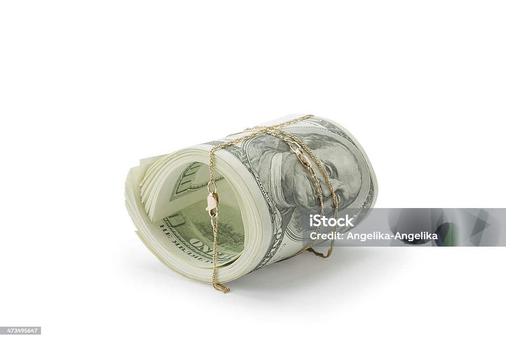 money and gold isolated money of roll entwisted by gold on a white background American One Hundred Dollar Bill Stock Photo