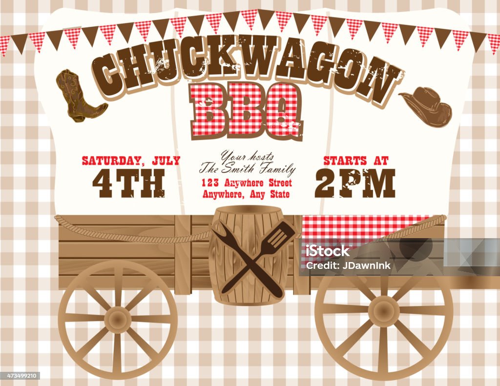 Chuckwagon BBQ country and western invitation design template Vector illustration of a country western barbecue chuckwagon themed barbecue invitation design template on a checkered  background. Features covered chuckwagon, cowboy hat, boots, and sample text layout design. Easily customize text with layers. Perfect for summer barbecue event, picnic celebration, backyard bbq, private or corporate party, birthday party, fun family event gathering, potluck. Wild West stock vector