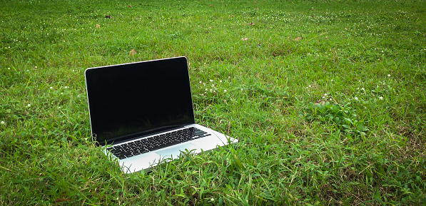 Laptop computer on green grass