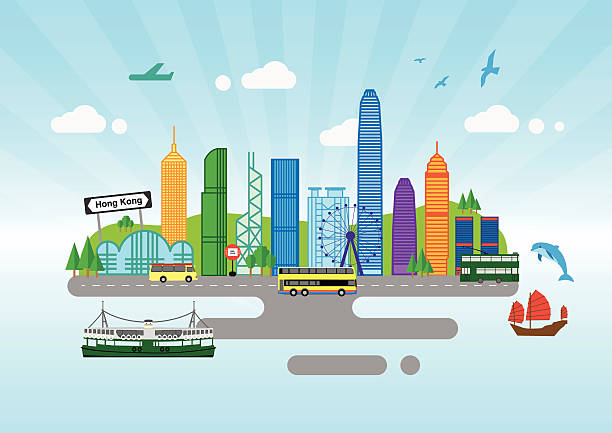 hong kong city skyline color panorama vector illustration - illustration - hong kong 幅插畫檔、美工圖案、卡通及圖標